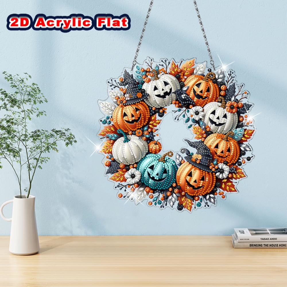 Yimofy Halloween Pumpkin Wreath Diamond Art Hanging Kits for Adults, DIY Double Sided Diamond Painting Ornament with Chain for Halloween Home Door Wall Window Decor (Pumpkin Wreath)