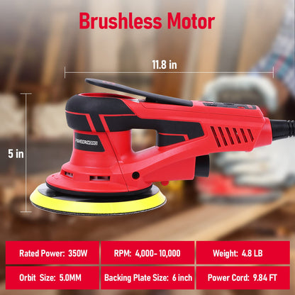 Electric Random Orbital Sander, PioneerWorks Brushless Motor, Powerful 350W & Low Vibration Palm Sander,10000 RPM Variable Speed,6-Inch Pads For Woodworking, Polishing, Sanding, Carpentry