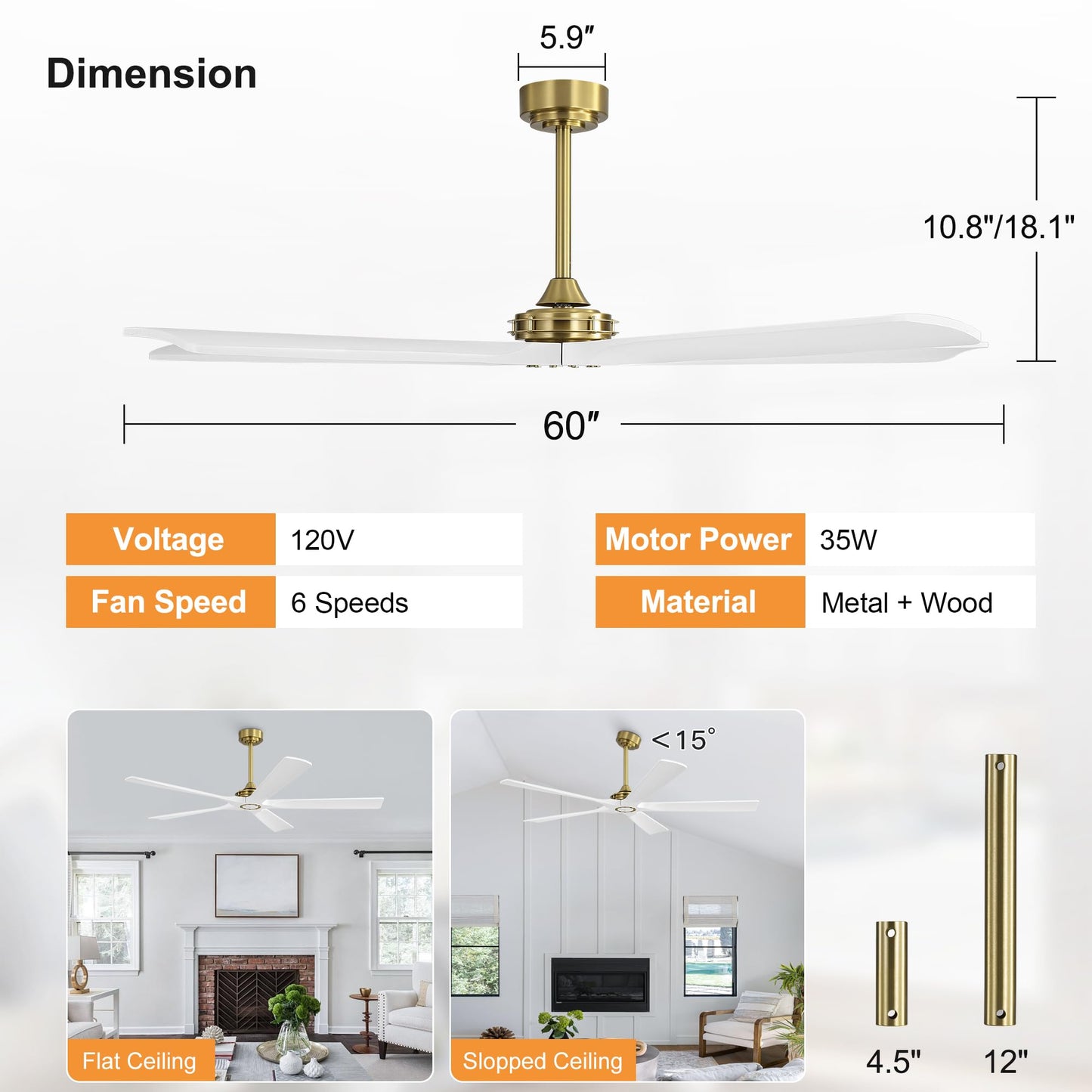 WINGBO 60 Inch Ceiling Fan without Light - 5 Carved Solid Wood Blades, 6-Speed Reversible DC Motor, Noiseless Remote Control Ceiling Fan No Light for Bedroom Living Room Kitchen, Gold and White