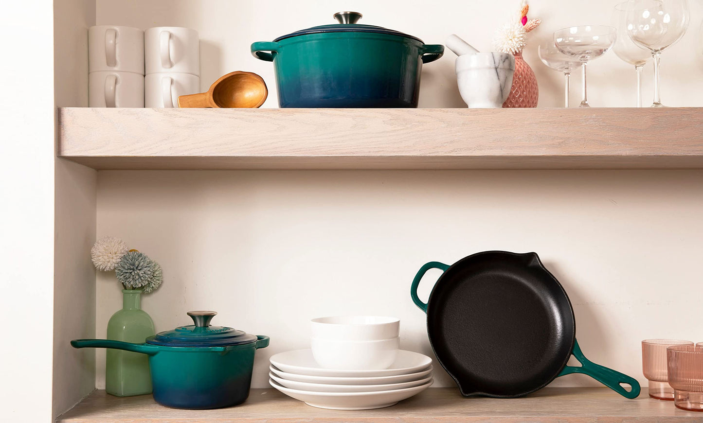 Larder & Vine 5-Piece Enameled Cast Iron Cookware Set - Includes 5.7 Quart Dutch Oven with Lid, 10.25 Inch Skillet, 2.2 Quart Saucepan with Lid (Bondi)