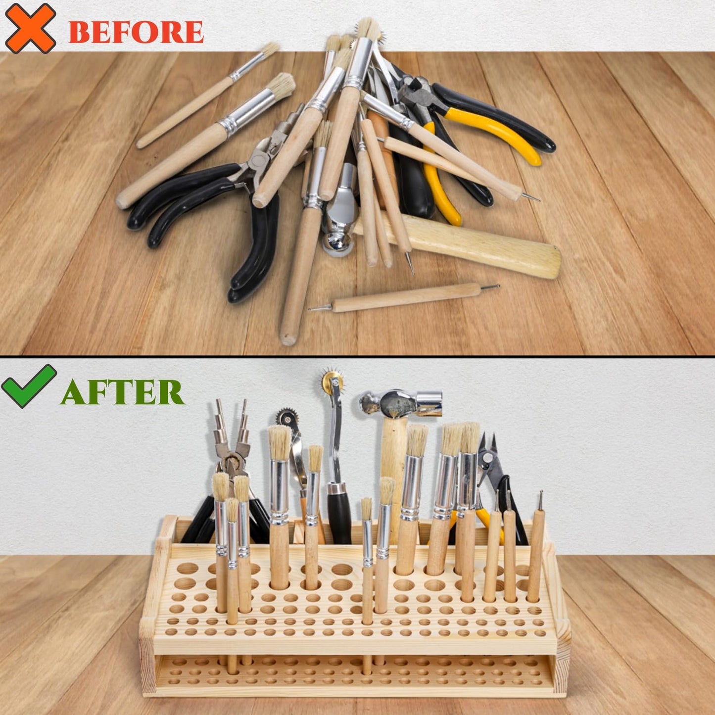Acshio Leather Craft Tool Holder, 98 Holes Wooden Desktop Leather Working Tools Organizer with 3 Slots, Professional Large Making Punch Tools Rack Stand Storage Box for Brushes, Craft Tools