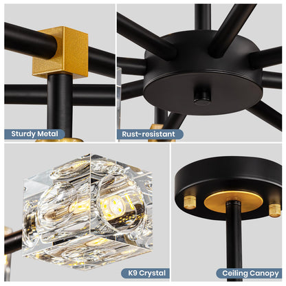 Sputnik Chandeliers with16-Light,Modern Black and Gold Crystal Chandelier, Mid Century Ceiling Light Fixture for Dining Room, Kitchen Island,Foyer,Living Room,Bedroom