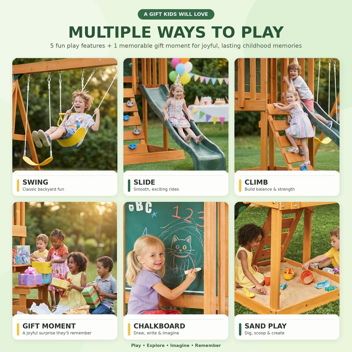 AkiiGer Cedar Wooden Backyard Playset with Swings, Wave Slide, Rock Wall Ladder, Sandbox Chalkboard & Canopy Roof, Outdoor Swing Set