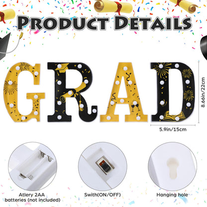 Wettal 2026 Grad Light up Letters for Table, Graduation Party Decorations LED Marquee Grad Letter Lights Sign 8.7 Inches Black and Gold Graduation Centerpieces Ornaments, Batteries Not Included