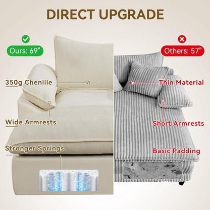 WUTUTUEE 69" Oversized Chaise Lounge Chair Indoor, No Assembly Beige Lounge Couch, Chenille Upholstered Sofa Bed with Pockets, Oversized Reading Chair with Ottoman for Living Room, Bedroom, Office