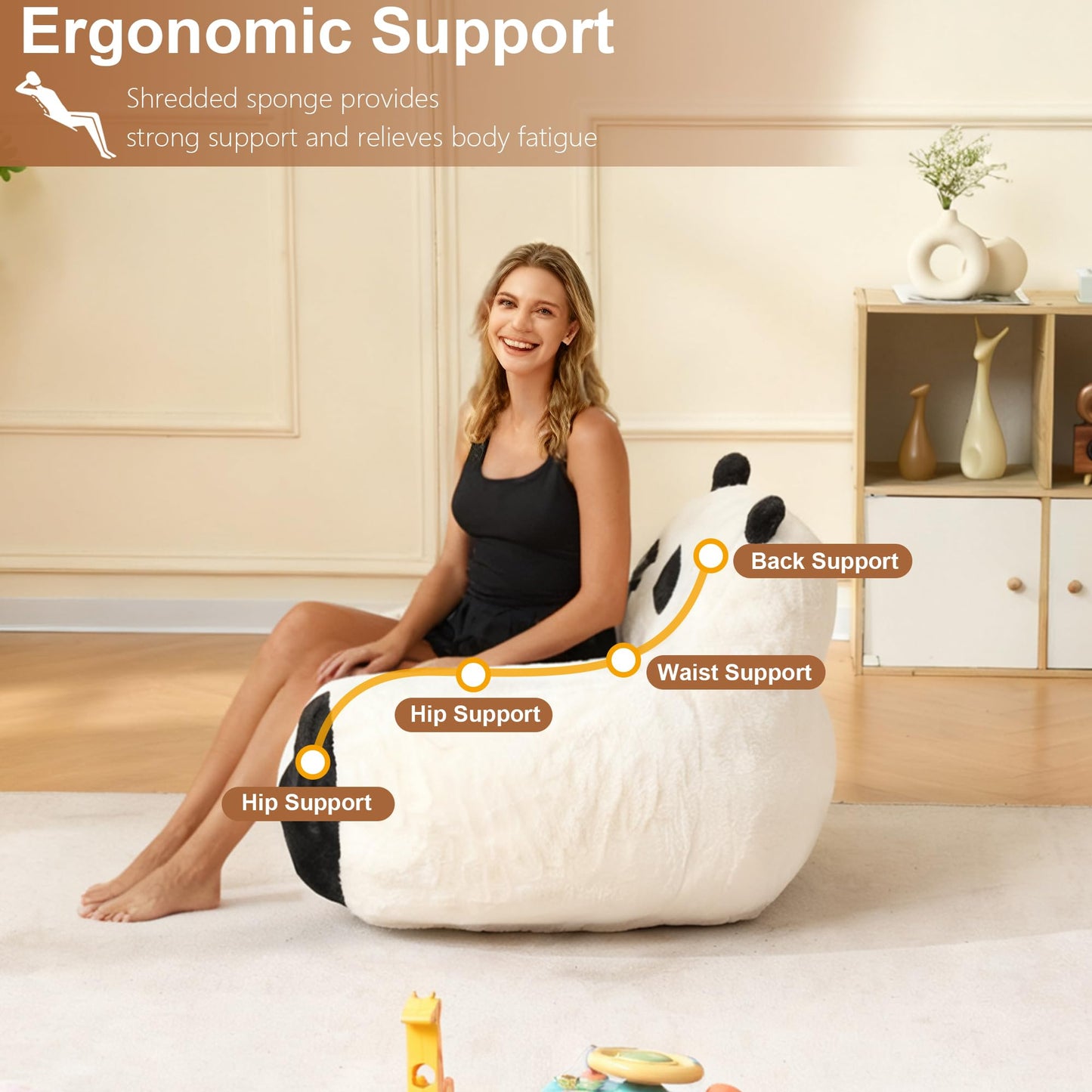 Giant Bean Bag Chair for Adults Kids, 2 PCS Large Bean Chairs with Filler, Panda Design Floor Chairs, Plush Lazy Sofa with Faux Rabbit Fur Cover, Faux Fur Cover, Adult Bean Bag Couches for Bedroom