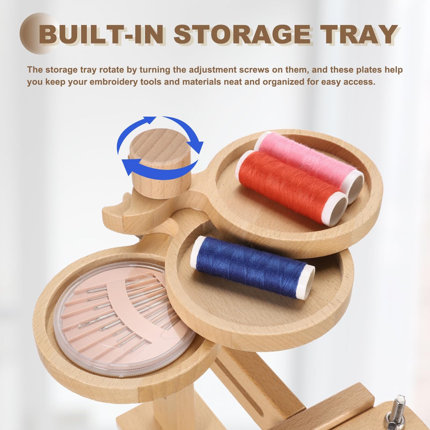 PATIKIL Embroidery Hoop Stand, Adjustable Beech Wood Cross Stitch Stand Holder with Built-in Storage Tray for DIY Art Craft, Sewing, Needlework Projects, with 8" Embroidery Hoop