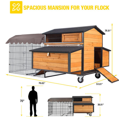 Large Mobile Chicken Coop with Run, Wheels & Leakproof Pull-Out Tray – Weatherproof Hen House with Nesting Box for Chickens, Ducks, Rabbits