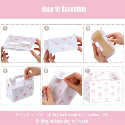 48 Count Pink Bow Treat Boxes Party Favors - 6x3.5x2.9 Inch Goodie Gift Boxes, Cute Bow Themed Candy Dessert Boxes for Birthday, Bridal & Baby Shower, Bachelorette, Engagement Party Supplies,4 Assorted Designs