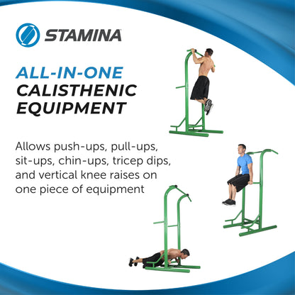 Stamina Pull Up Bar Tower & Dip Station, Free Standing Outdoor Home Gym Equipment, Green - Adjustable and Portable Workout Stand for Calisthenics Body Weight Training
