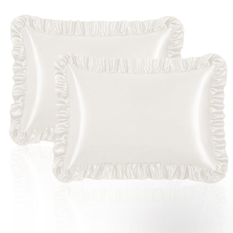 NSGZ Ruffled Satin Pillowcase Set of 2, Standard Size Silky Pillow Shams for Hair and Skin Care, Ivory White Satin Pillow Covers with Envelope Closure, Anti Wrinkle Pillow Cases for Classic Room Decor