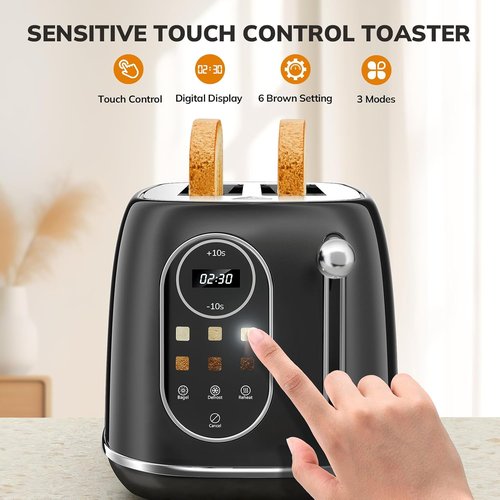 Keenstone 2-Slice Smart Touch Screen Toaster - Retro Stainless Steel with 6 Browning Levels & Removable Crumb Tray | Black