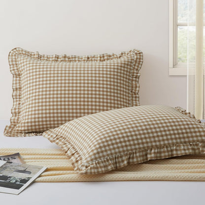 2 20x36 Inch, KKJIAF Pcs Plaid Ruffle Pillow Case King Size, Ruffled Gingham Cotton Pillowcases Linen Feel Plaid Bed