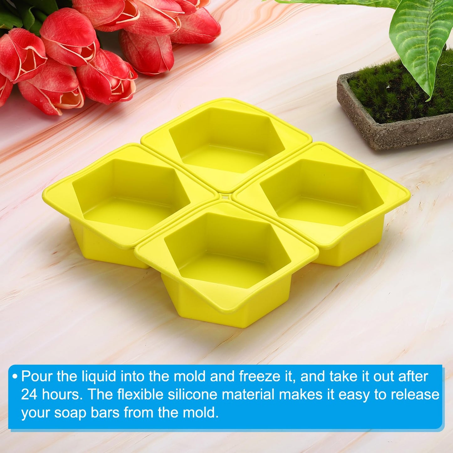 Patikil 4-Compartment Silicone Soap Mold - 2 Pack Hexagon Molds for Handmade Soap, Lotion Bars, Bath Soap, Cake, Chocolate, Candles, Ice Cubes - Yellow