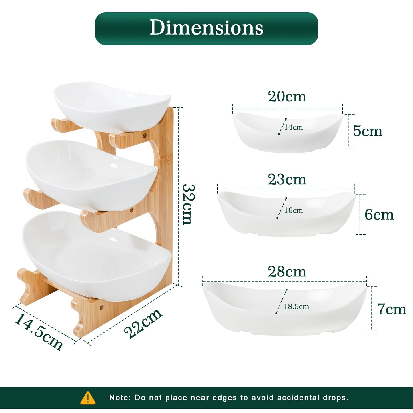 SEVEN SPARTA Fruit Bowl for Kitchen Counter - 3 Tier Ceramic Serving Bowls with Bamboo Stand, Tiered Fruit Basket for Fruit Vegetable Storage, Cake, Dessert, Nuts, Snack, Salad (Dishwasher safe)