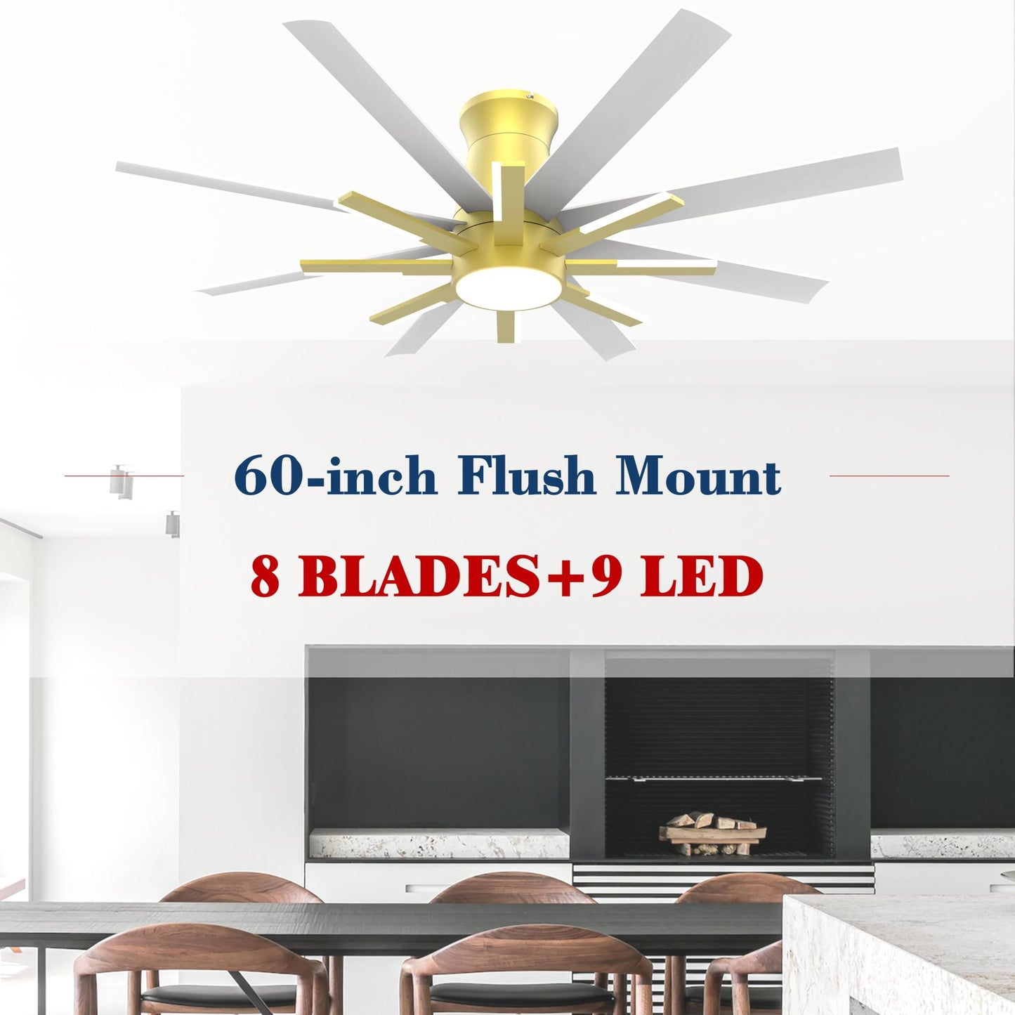 Fande-Aire 60 inch White Ceiling Fans with Lights and Remote, Flush Mount Ceiling Fan for Living Room Bedoom，6 Speed Reversible，8 Blades and 9 Lights，3 CCT，White Gold