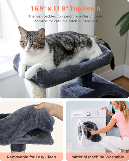 UYMI 32" Cat Tree Tower for Indoor Cats - 2 Cozy Condos, Multi-Level Cat Scratching Posts with Sisal, Soft Padded Perch, 2 Dangling Toys, Dark Grey