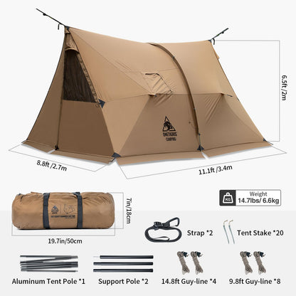OneTigris ASH Canopy Hammock Hot Tent, Spacious Waterproof Windproof 4 Season Tent with Poles for Camping, Hiking, Bushcrafting, Survivalist, Car Trips (Coyote Brown)