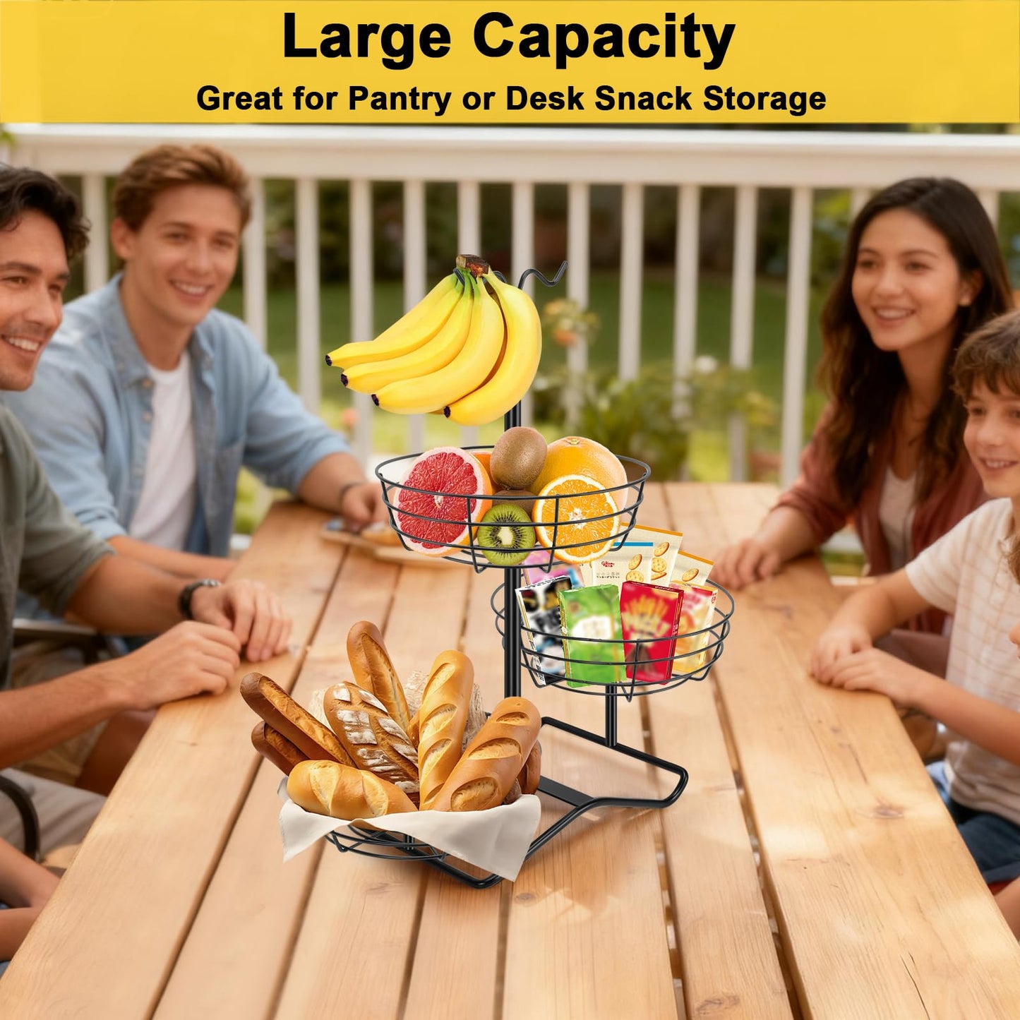 Winmien 3 Tier Fruit Basket Bowl with 2 Banana Hooks, Solid Metal Standing Vegetable Storage for Kitchen Counter, Large Capacity Organizer for Bread Snack Produce (Black)