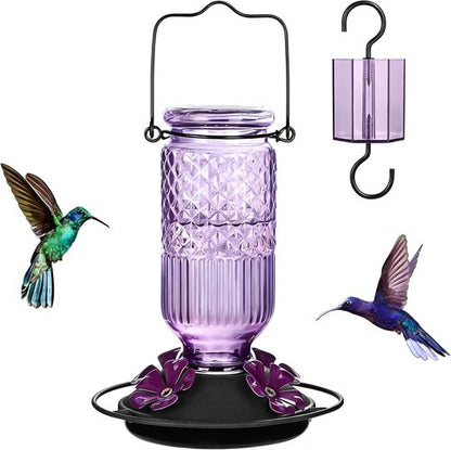 FEED GARDEN Glass Hummingbird Feeder - 16 oz Outdoor Feeder with Bee-Proof Ports & Easy Clean Design, Purple