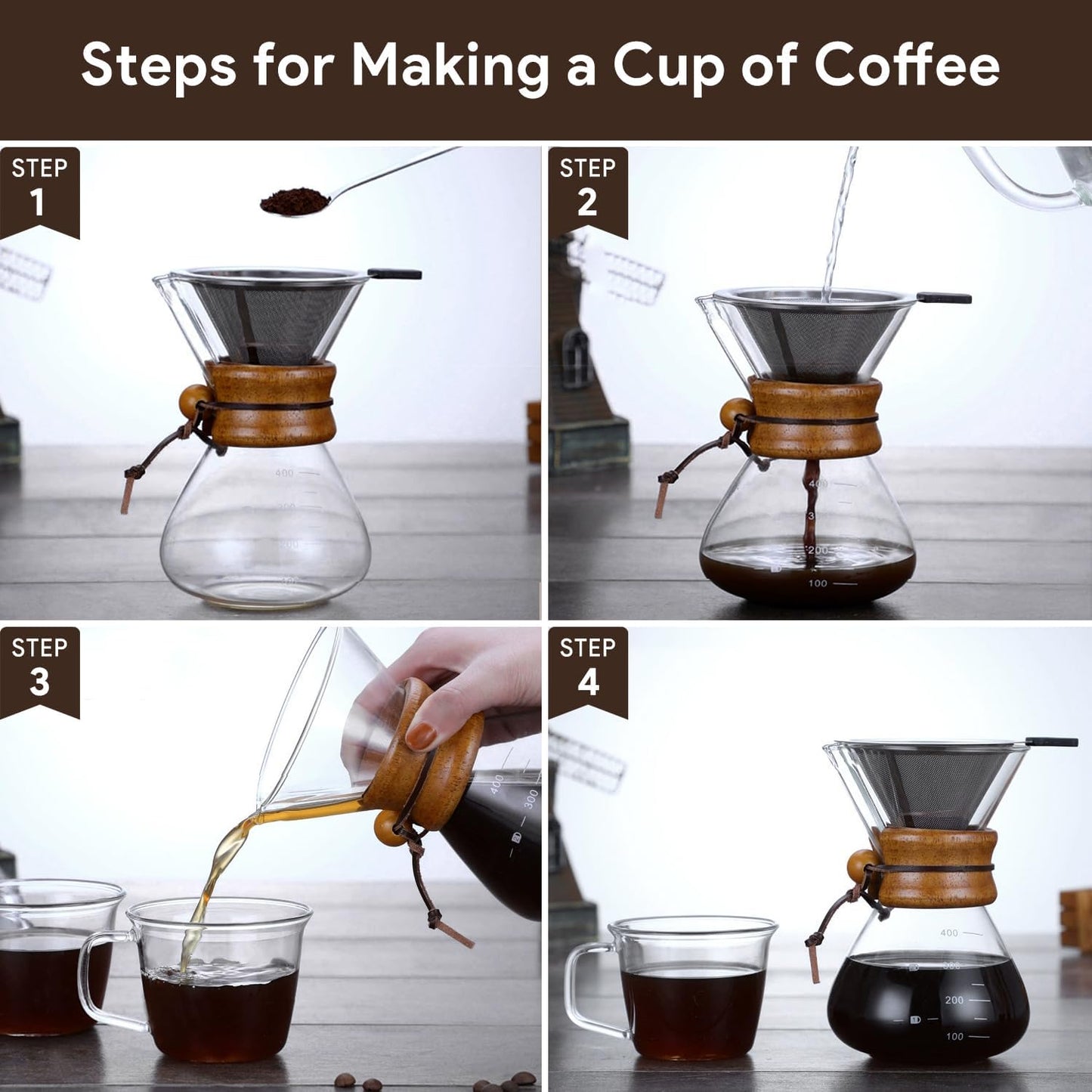 Tissting Wood Neck Pour Over Coffee Maker, 400ml Sleeve Brewer with Permanent Stainless Steel Filter