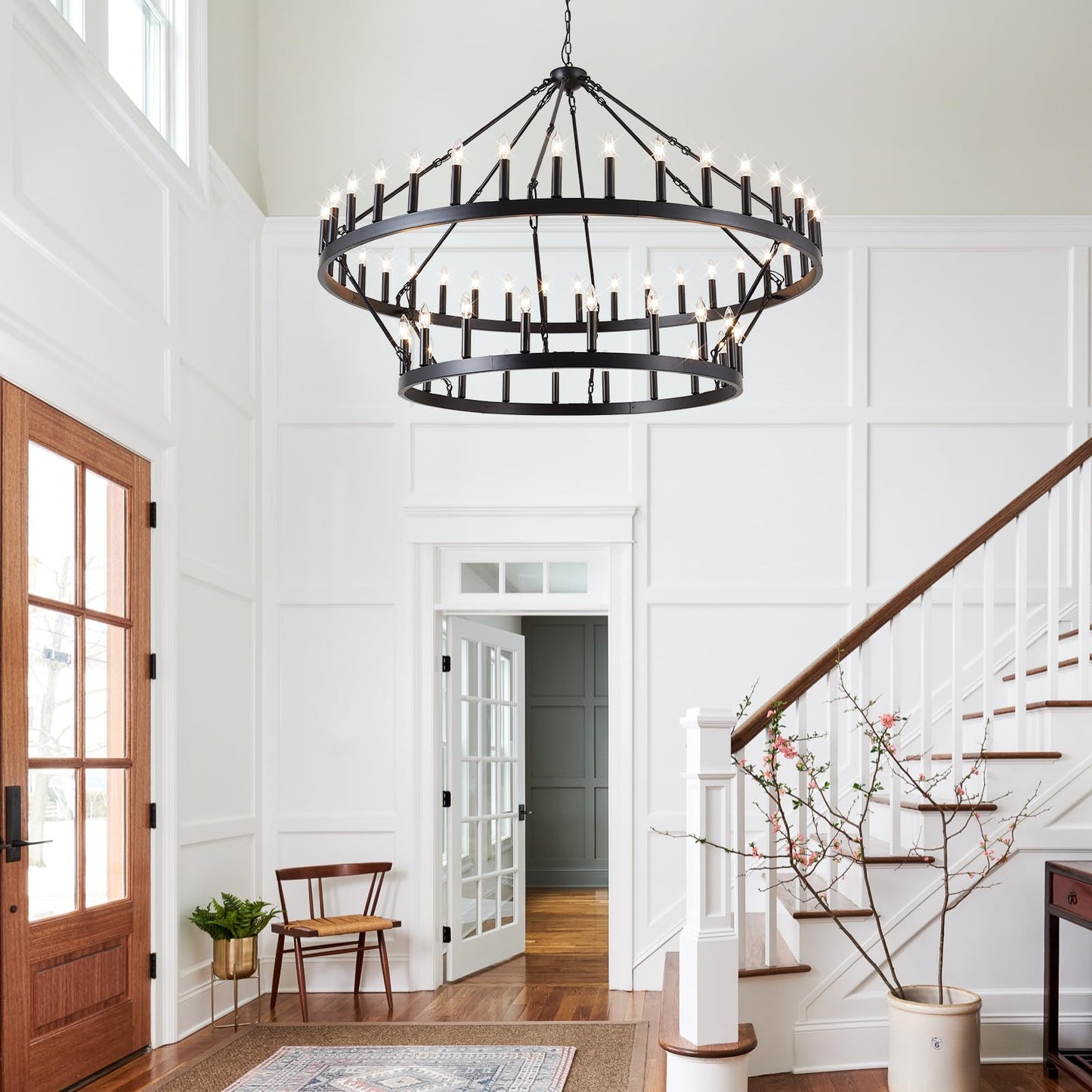 VBKK 60-Inch Black Extra Large Wagon Wheel Chandelier, 2 Tier 54-Light Farmhouse Chandeliers Industrial Round High Ceiling Pendant Light for Dining Room, Living Room, Entryway, E12