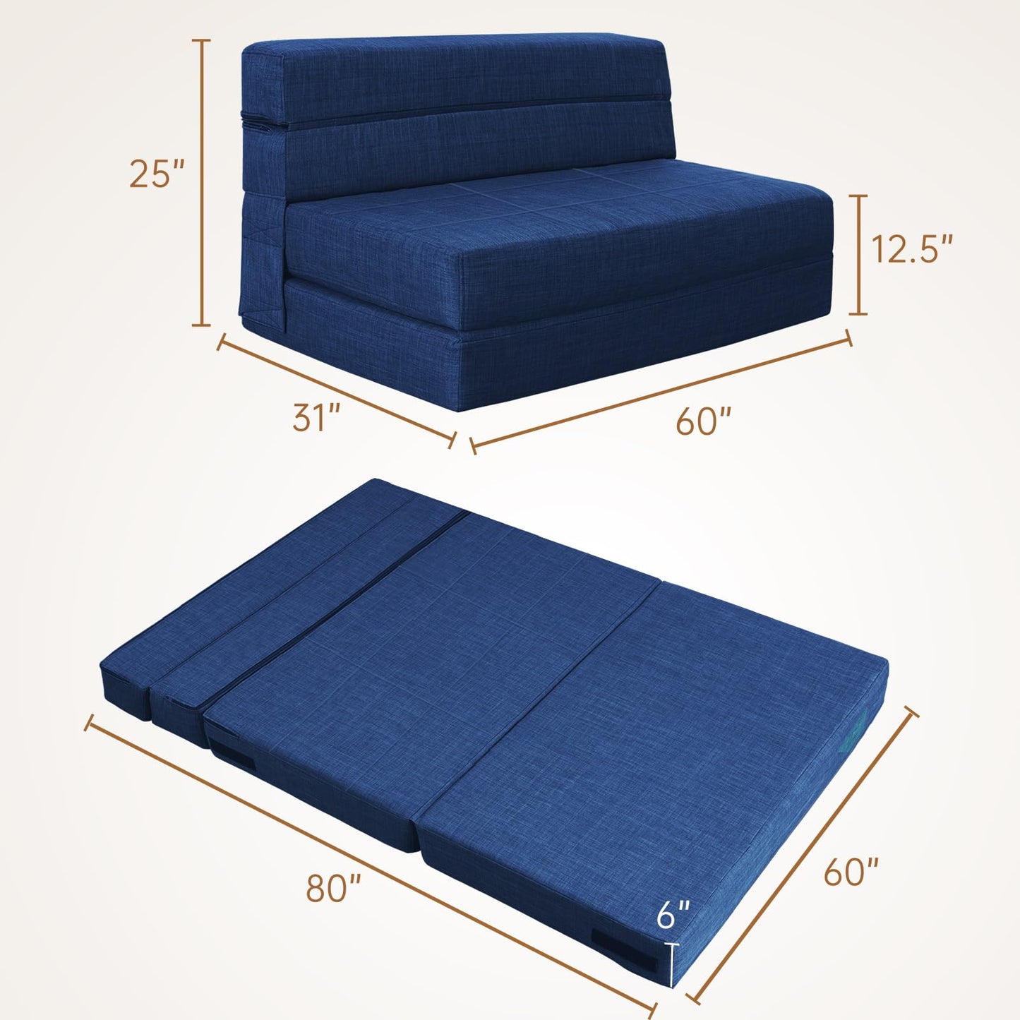 Nigoone 60 Inch Folding Sofa Couch Memory Foam with Pillow Convertible Sleeper Mattress Futon Lazy for Living Room, Washable Cover, Queen Size, Dark Blue
