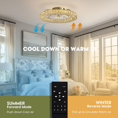 LUDOMIDE Flush Mount Ceiling Fan with Light, 22" Modern Crystal Chandelier Ceiling Fan with Smart 4-Light Color Change, Luxury LED Ceiling Fan, Low Profile Ceiling Fan for Bedroom (Gold)
