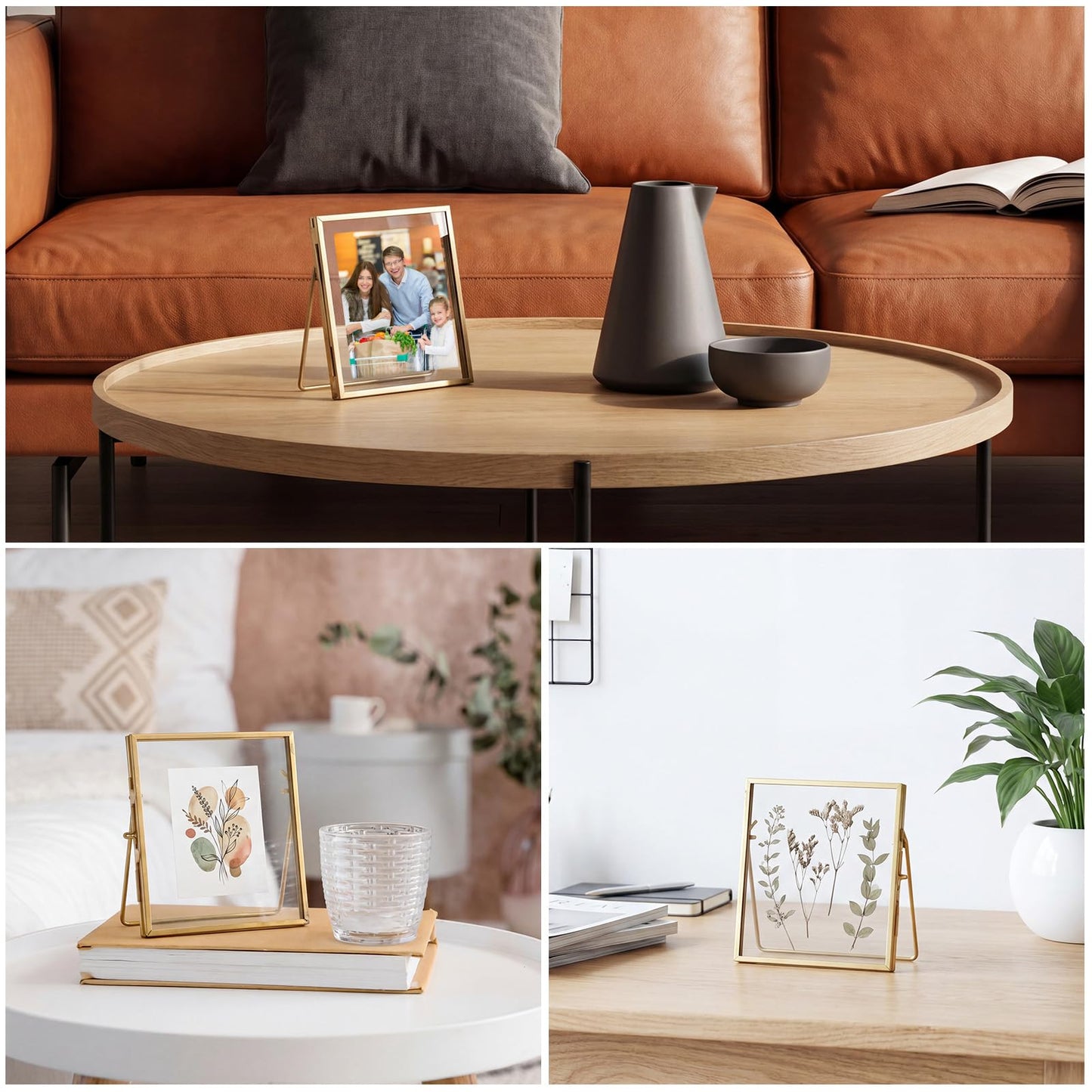 Vicenpal 5 Pack Glass Pressed Flower Frame Handmade, 4 x 4 floating Picture Frames for Pressed Flowers, Brass Double Glass for Tabletop Display, Home Office Plant Specimen, Photos(Gold)