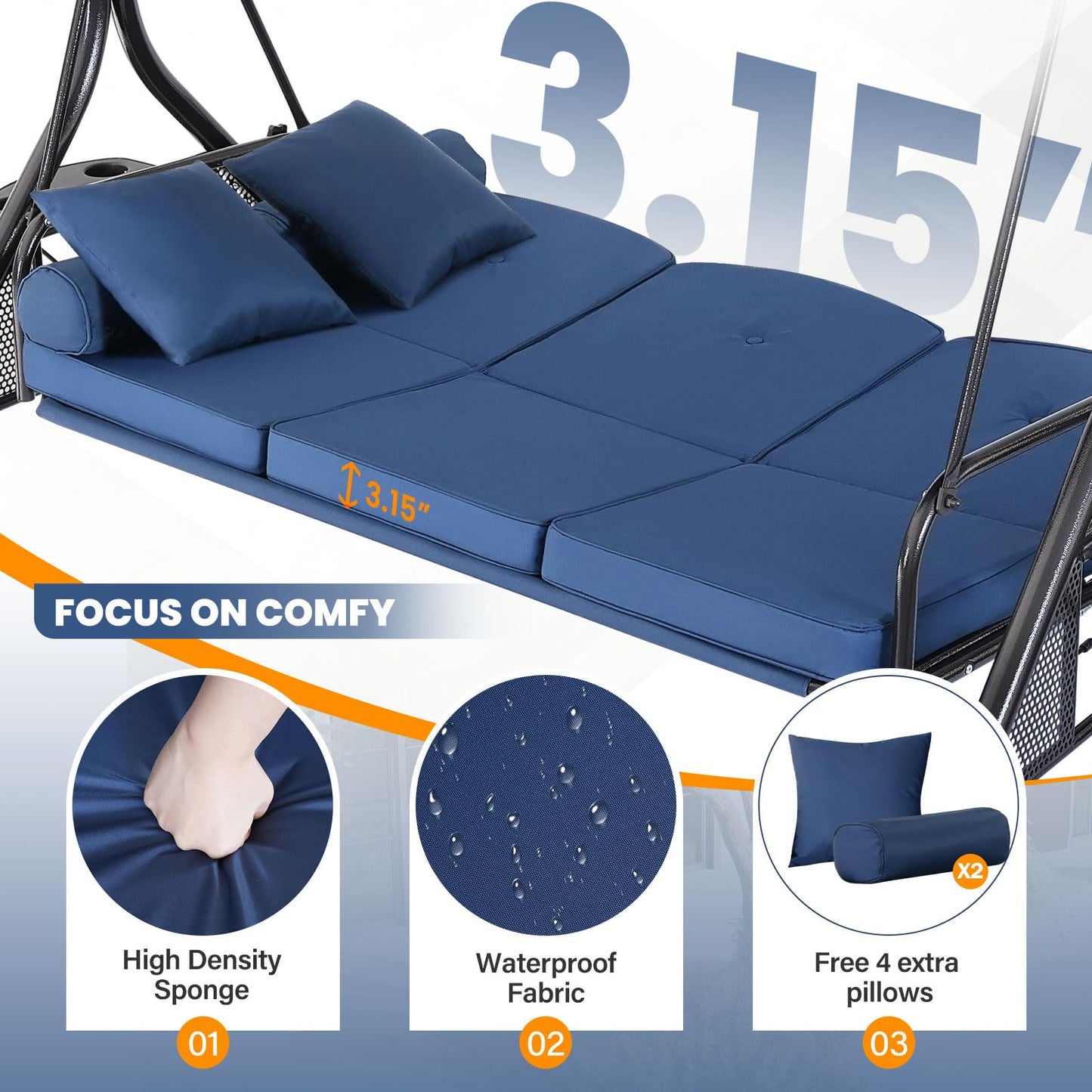 3 Seat Outdoor Porch Swing with Adjustable Canopy,2 in 1 Patio Swing Bed with Stand 800lbs for Adults,Outdoor Swing with Removable Cushion, Cup Holder ＆ Pillow for Backyard, Porch, Garden