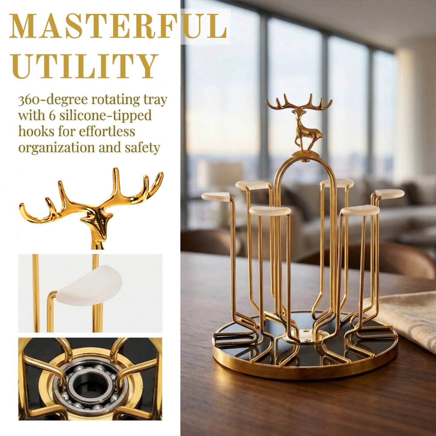 Pumtus Rotating Cup Drying Rack Stand, 6 Cups Drinking Glass Holder, Non-Slip Steel Mug Drainer Organizer, Glass Cup Stand with Silicone Protective Hooks, Tumbler Dryer Tree for Kitchen, Countertop