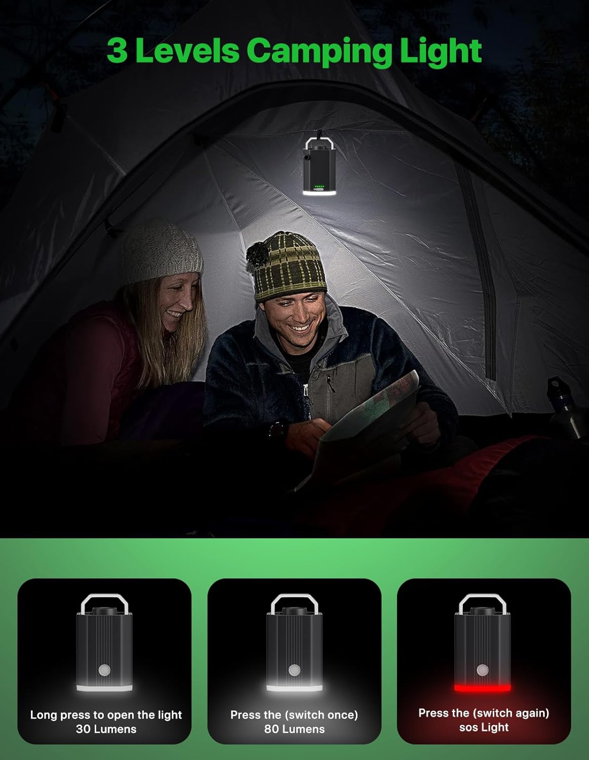 Mini Air Pump Portable, Camping Gear Must Haves, Rechargeable Air Pump for Inflate Deflate with Camping Lights