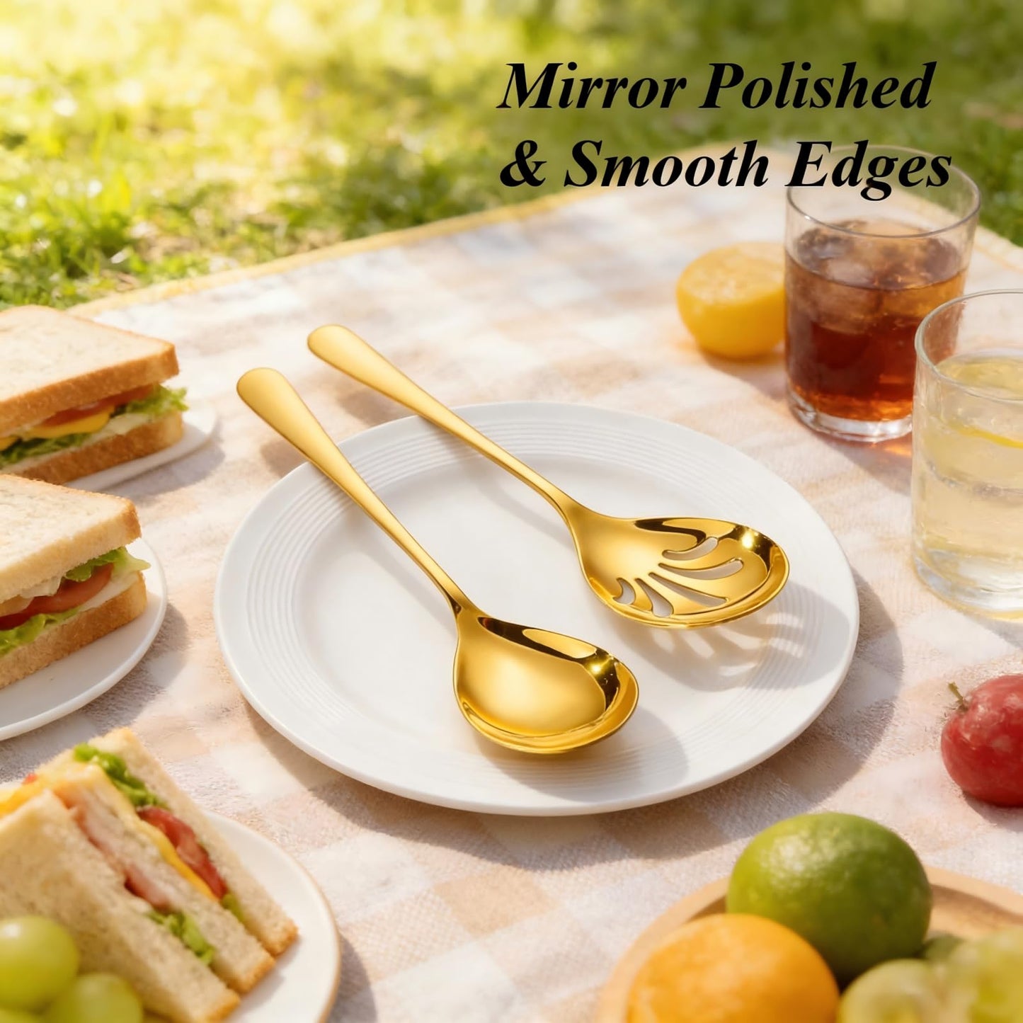 Extra Large Serving Spoons Set, 9.9 Inch Serving Spoon and Slotted Spoon, Stainless Steel Large Serving Utensils for Buffet, Parties, Catering & Kitchen (Golden)