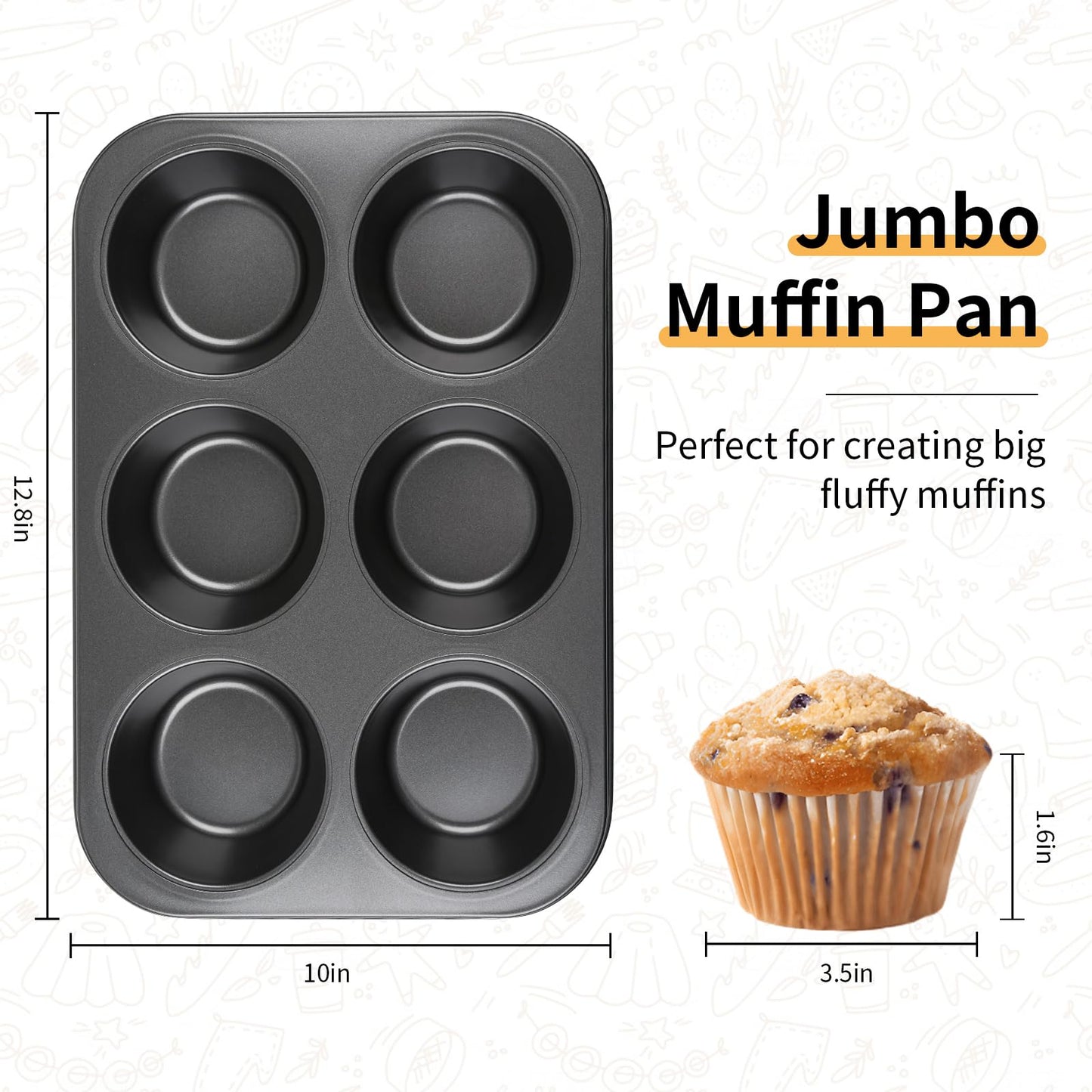 Audingull Jumbo Muffin Pan 6-Cups Cupcake Pan, Premium Large Muffin Tin for Baking, Non-Stick and Thickened Carbon Steel Jumbo Cupcake