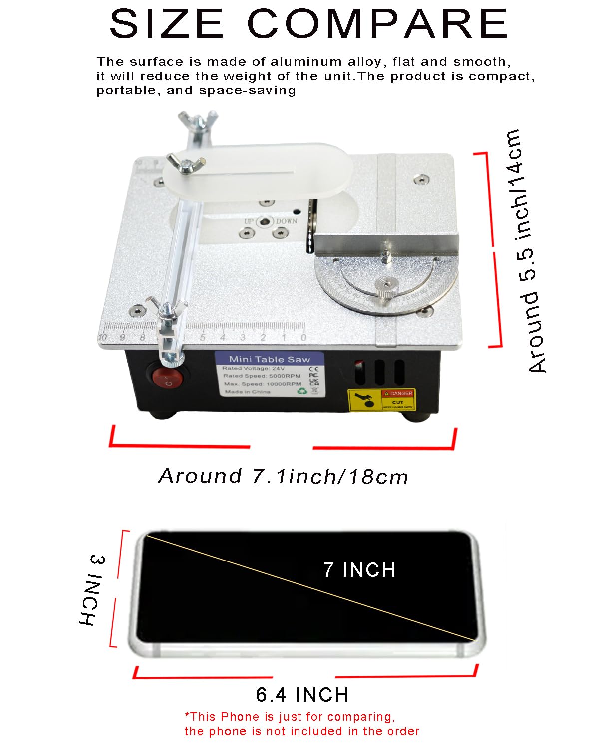 Mini Table Saw, RTOVZON 96W Mini Desktop Electric Saw Cutter 7.1"x5.5", Cut Thickness Adjustable Precision Craft Table Saw with Speed & Angle Adjust 4* Blades, Available for Wood/PCB/Acrylic/Plastic