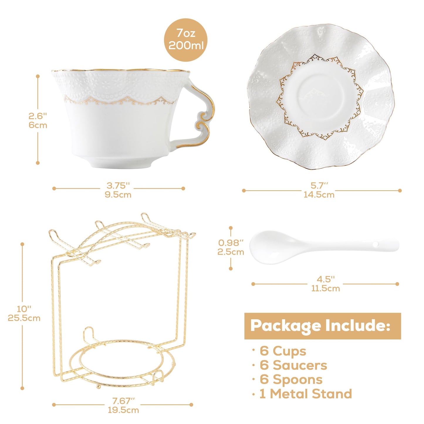 DUJUST Tea Cups and Saucers with Golden Trim,Set of 6 (7 OZ), Luxury Relief Printing Coffee Cups with Metal Stand, British Royal Porcelain Tea Party Set - White