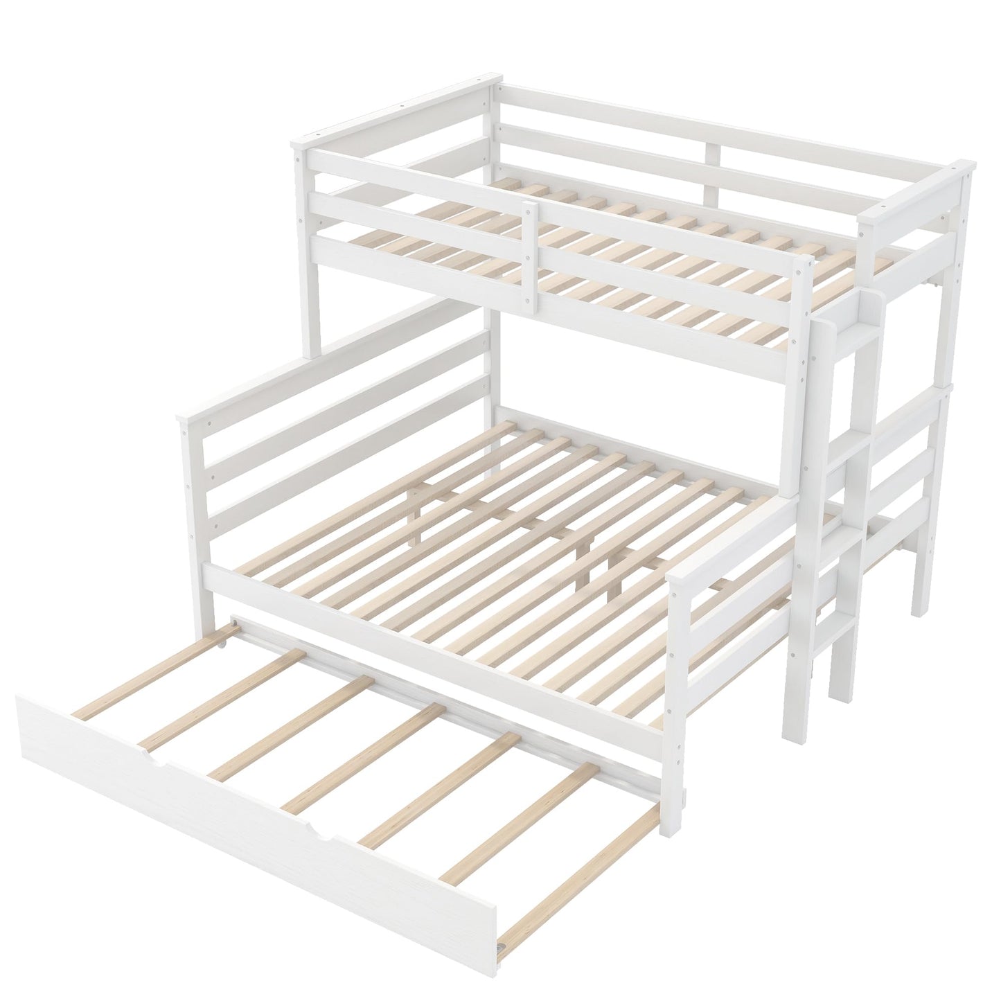 Merax Twin XL Over Queen Bunk Bed Wood Detachable Bunk Bed with Trundle & Ladder, Multifunction Bunk Bed with Full Length Gardrails, No Box Spring Needed,Space Saving,White