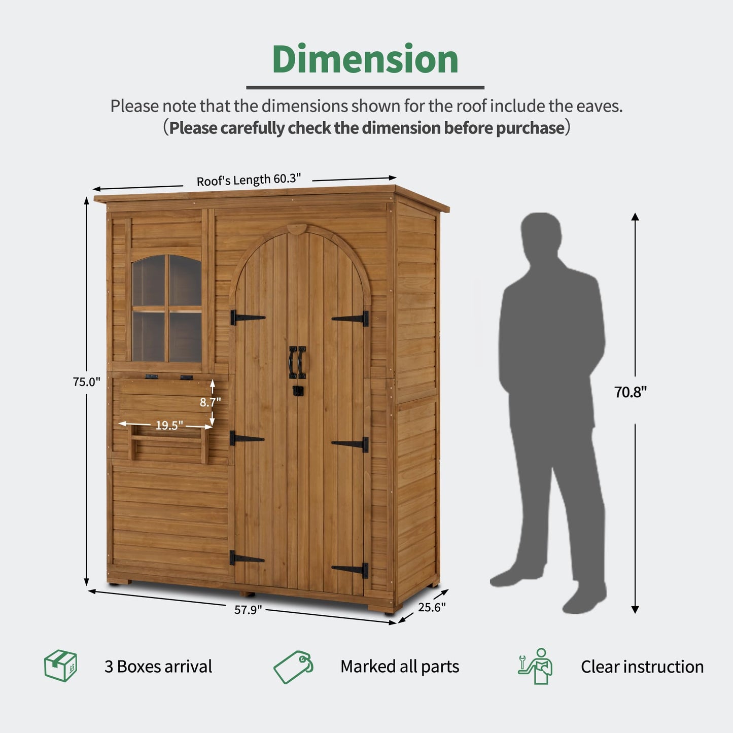 Macrout Outdoor Storage Cabinet with 3 Shelves (4.8 x 2.1 x 6.2 ft), Wood Storage Shed with Roof, Tall Garden Shed with 1 Foldable Table for Yard Patio Lawn, 1815