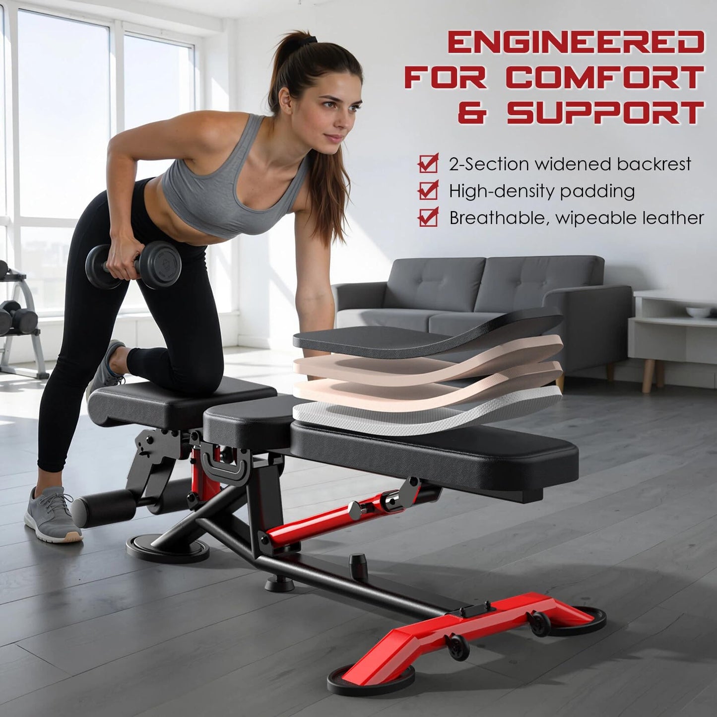 WFLGFT Commercial Adjustable Weight Bench, Heavy Duty 1800LBS Workout Bench for Home Gym, Flat, Decline, Incline Bench Press with Removable Leg and Elbow Support for Full Body Strength Training