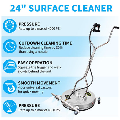 24" Pressure Washer Surface Cleaner Mate with 5 Nozzles Water Broom, Stainless Steel Dual Handle Power Washer Surface Cleaner for Patio Decker Concrete Driveway, 4200 PSI