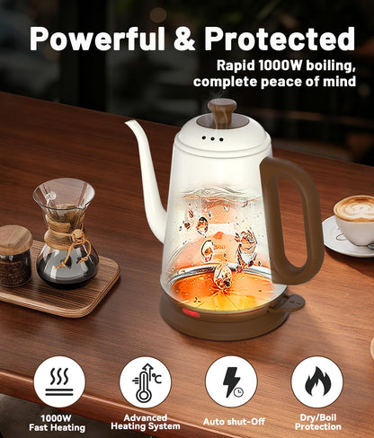 ELTRIKO Gooseneck Electric Kettle, 1L Water Boiler, Pour Over Coffee & Tea, 1000W Fast Heating, Stainless Steel, Auto Shut-Off & Boil-Dry Protection, BPA-Free (White)