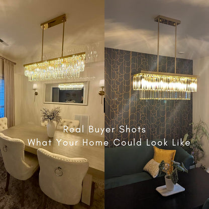 Siljoy 10-Light Rectangle Gold Crystal Chandelier for Dining Room Modern Rectangular 2 Tiers Crystal Raindrop Chandelier Linear Pendant Ceiling Light Fixture for Kitchen Island L40'' x W10'' x H10''