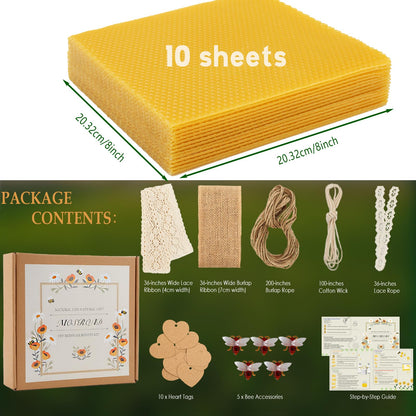 MOSROAD Beeswax Sheets for Candle Making, 30Pcs DIY Beeswax Candles Rolling Kit for Kids & Adults, Natural Honeycomb Sheets (8 x 8 Inch) with Cotton Wick, Bee Ornaments, Lace Ribbon and Hemp Rope