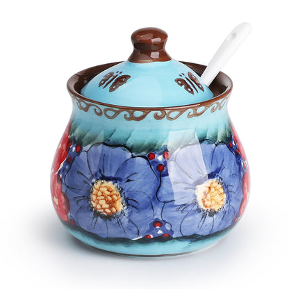 silesia Handmade Sugar Bowl with Lid and Spoon, 9 Ounce Ceramic Hand-Painted Sugar Jar for Home in Gift Box, Kitchen Decor, Oven, Dishwasher & Microwave Safe, Glazed Blue