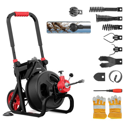 POPULO Auto Feed 50FT Electric Drain Snake with Mobile 8-Inch Wheel and 580W Power,1/2-Inch Drain Snake for 2”-4" Sewer Pipes, 50FT Drain Auger Includes 8 Attachments Heads and Glove