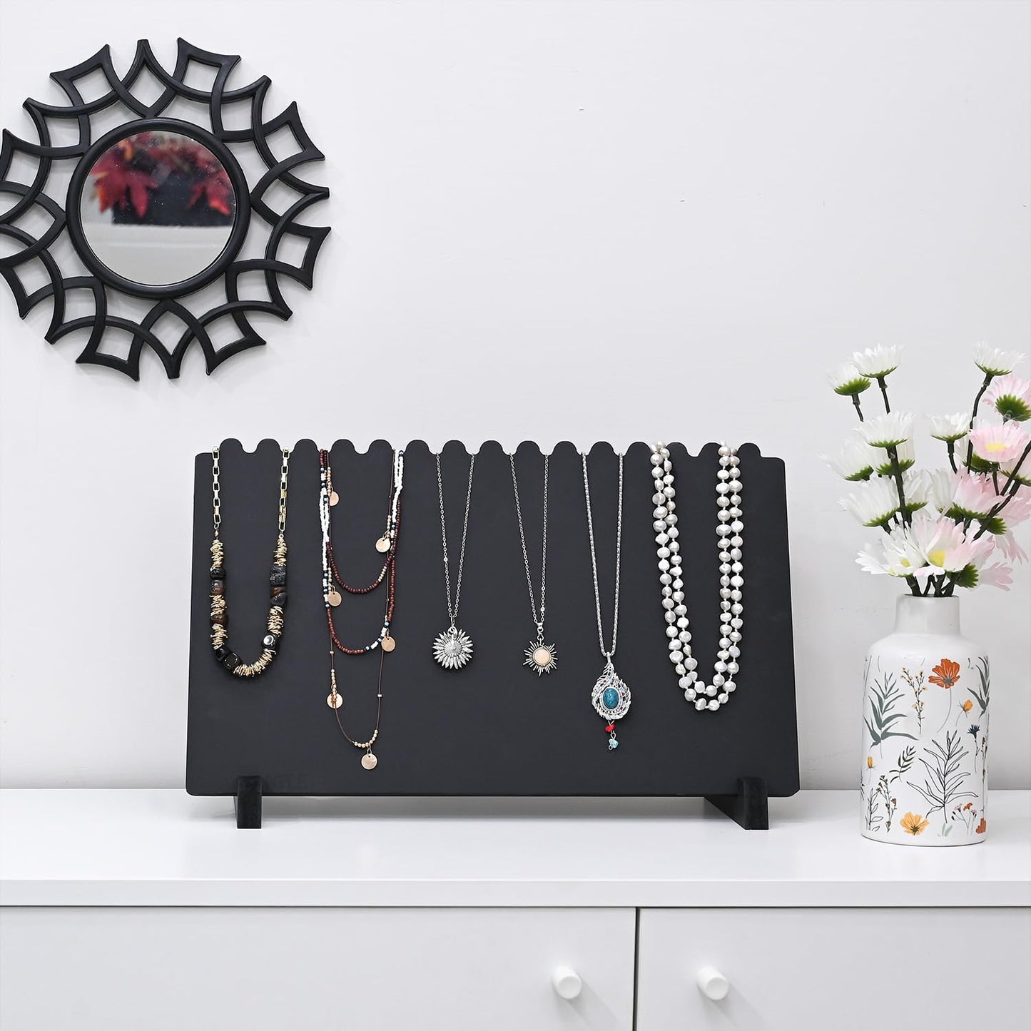MOOCA Portable Wooden Plank Necklace Jewelry Stand for 15 Necklaces, Wood Plank Storage Holder, Jewelry Display Stand, Black Color