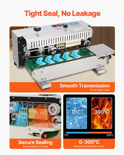VEVOR Continuous Bag Band Sealing Machine, 0.24-0.47 in/6-12 mm Seal Width, Horizontal Band Sealer Machine with Digital Temperature Control Stainless Steel Bag Sealer for 0.02-0.8 mm Plastic Bag Film