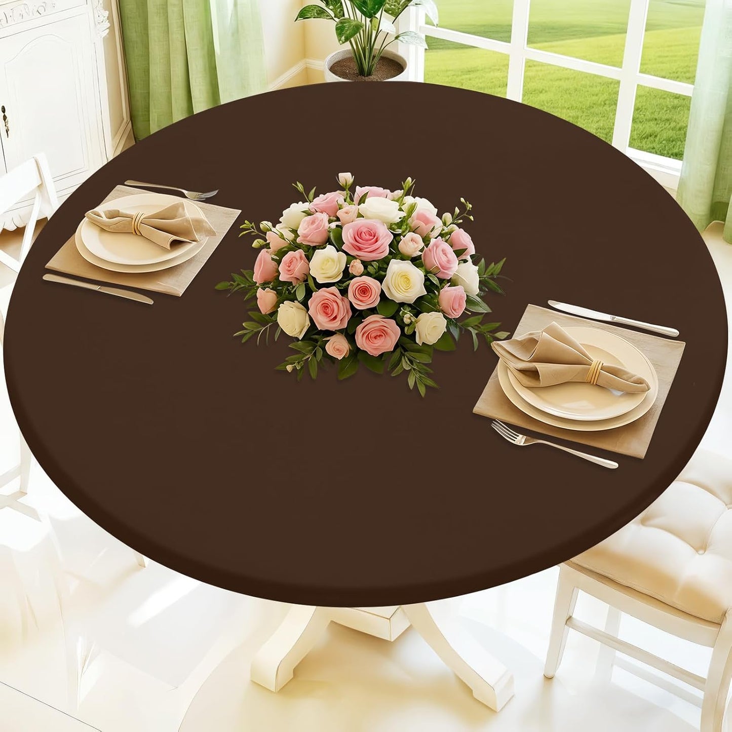 25"-30" Moosfor Round Spandex Tablecloth, Elastic Fitted Waterproof Tablecloths for Tables, Stretch Washable Picnic