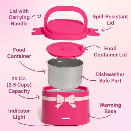 Paris Hilton Electric Lunch Warmer, 20-Ounce Stainless Steel Portable Food Container With Sealing Lid, Removable 2.5-Cup Inner Dish, Bow Front Decal, Hot Pink
