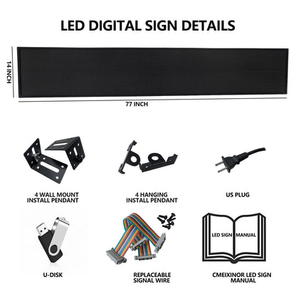 Outdoor P10 LED Scrolling Programmable Sign 77"x14", Bright High Visibility Digital Led Signage Displays, Message Signs for Business, Restaurant, Window Shop